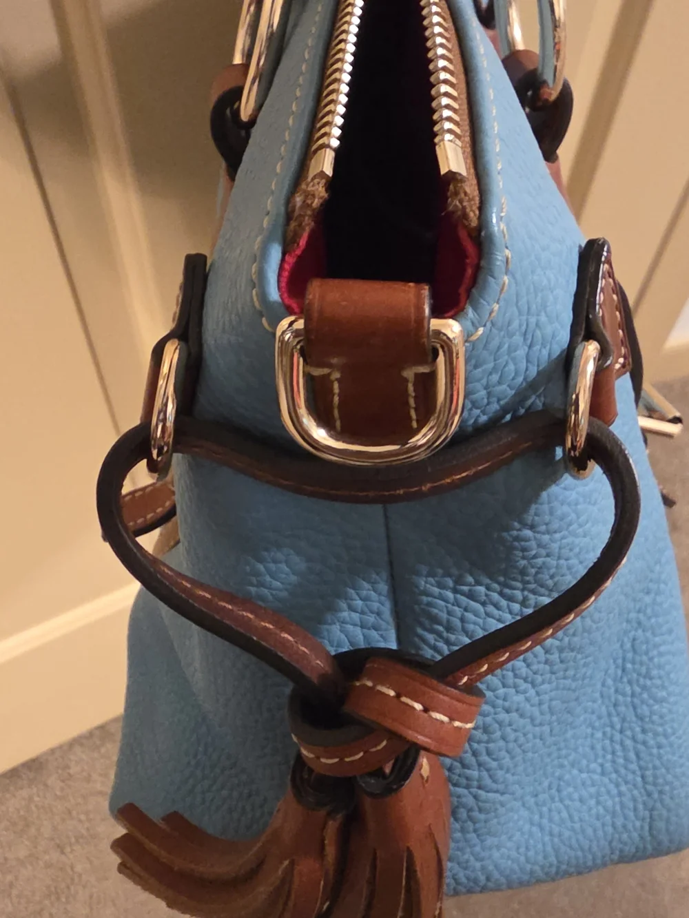 Dooney & Bourke Sky Blue Pebbled Leather Satchel with Brown Trim
